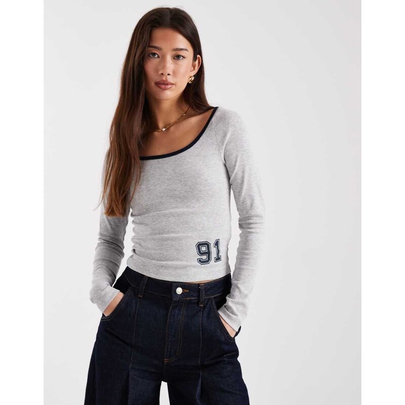 Cotton On 91 graphic off shoulder top in grey marle