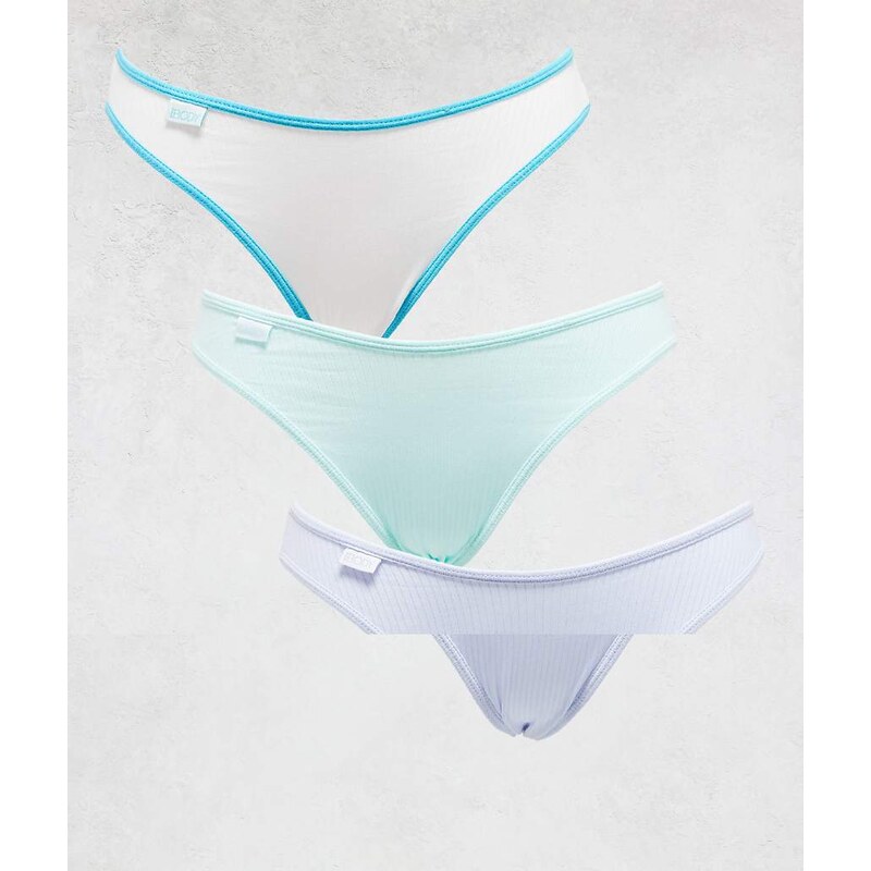 Cotton On 3 pack ribbed bikini brief set in green, white and blue 112882618