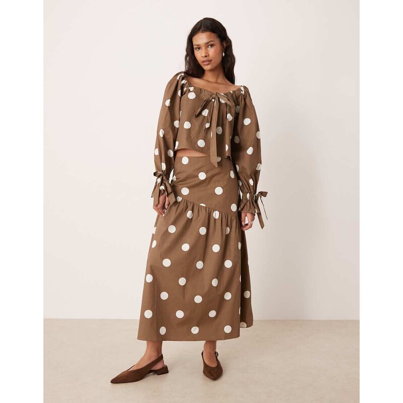 Glamorous asymmetric drop waist midaxi skirt in brown polka dot