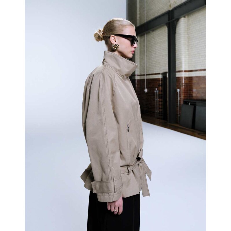 ASOS DESIGN drop belt mid length trench coat in stone-Neutral 112893164