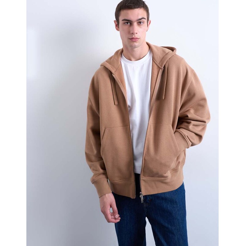 Topman heavyweight oversized zip through hoodie in stone-Neutral