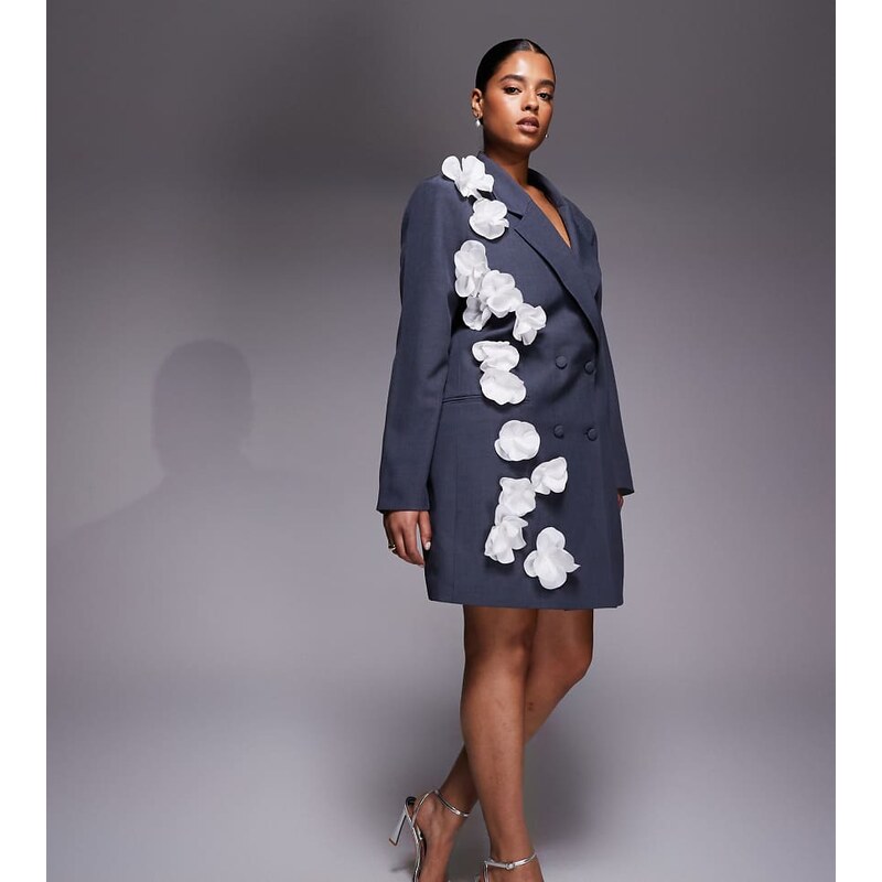 ASOS LUXE Curve blazer dress with 3D floral detail in grey 112893165