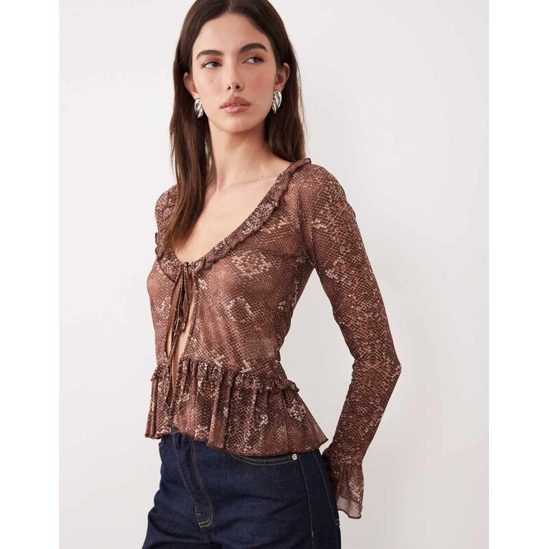 Motel long sleeve snake skin ruffle edged top in brown