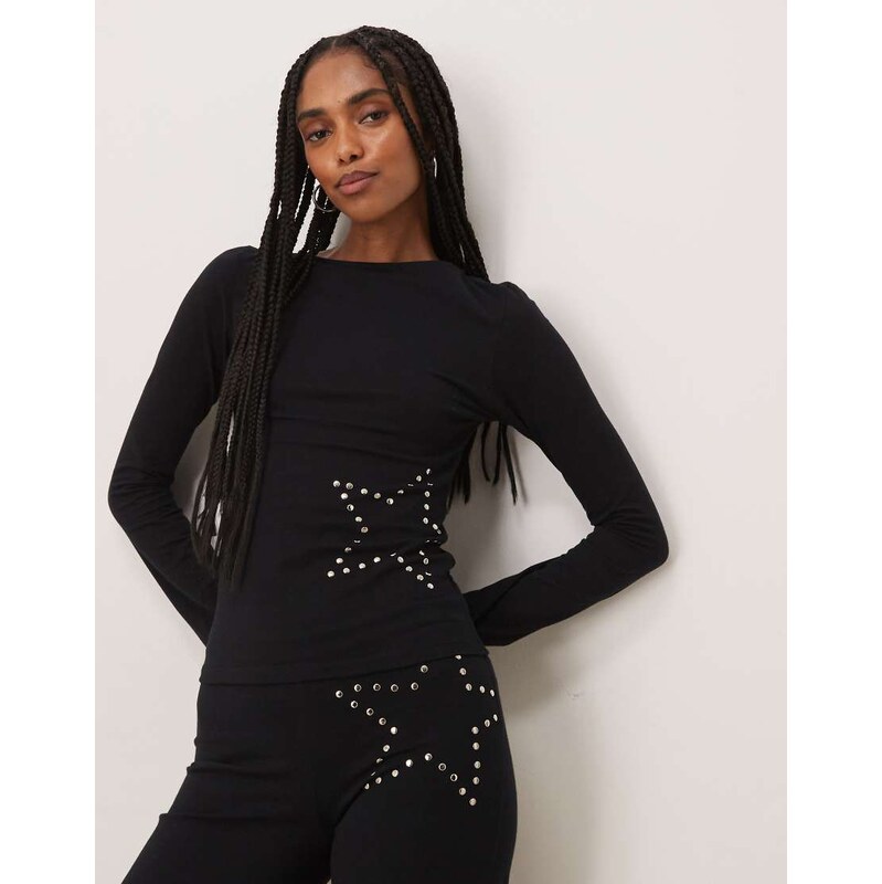 Motel co-ord Malakai star studded top in black 112893329