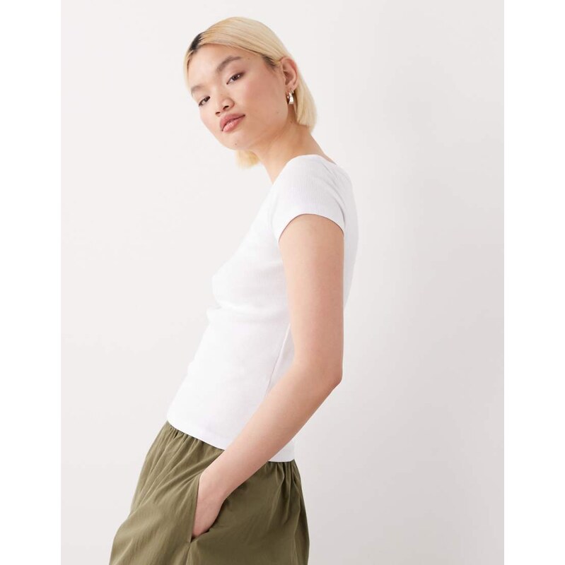 Noisy May ribbed boat neck t-shirt in white