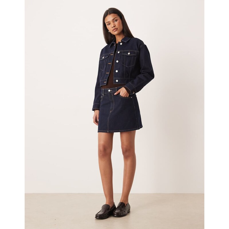 ASOS DESIGN high waisted a line mini skirt in rinse-Navy