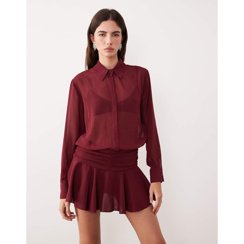 Motel Azphira long sleeve mesh playsuit in burgundy-Red 112893328