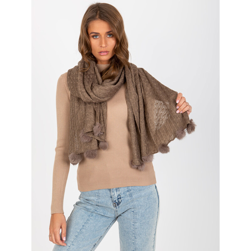 BASIC Tmavě béžová šála s bambulkami -dark beige 112883589