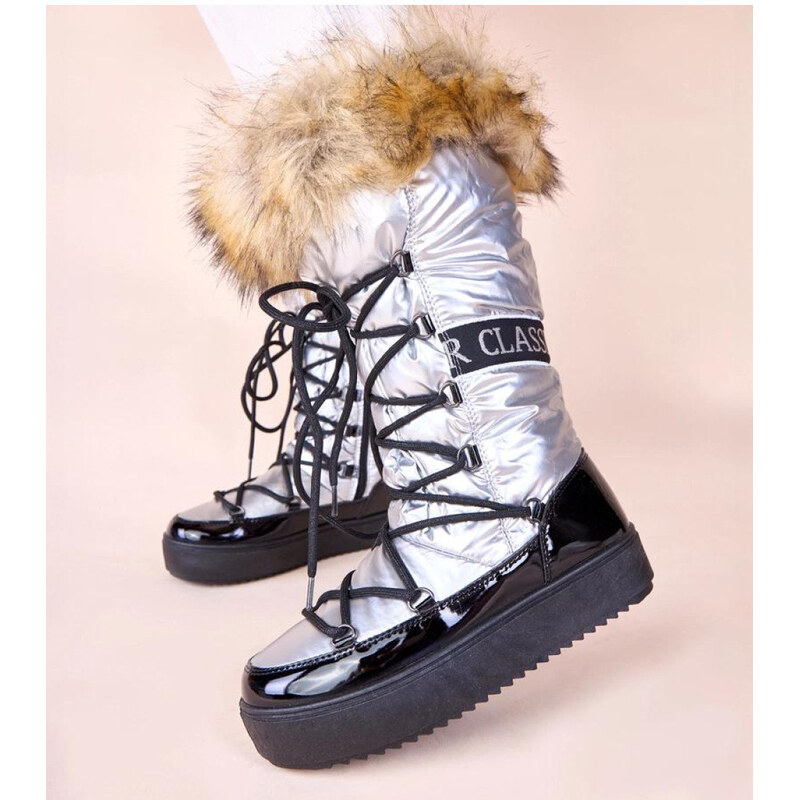 Inello Dámské sněhule AT001 Stříbrná s černou - CHIC shoes