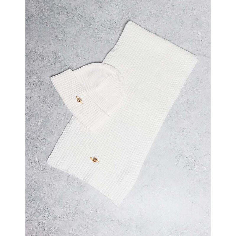 GANT cable knit beanie and scarf gift set in cream-White