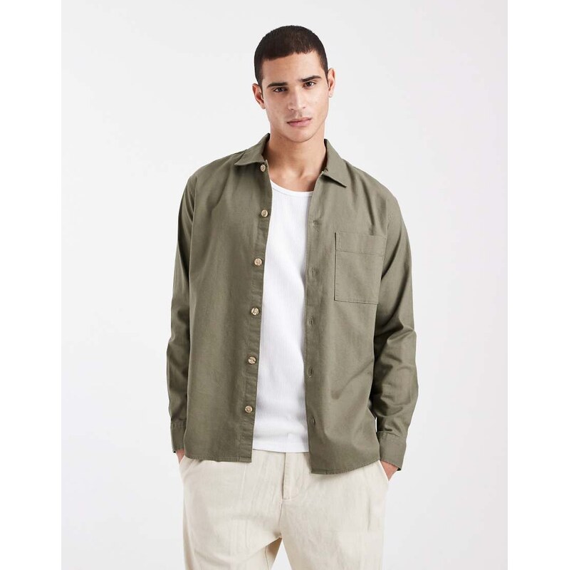 Jack & Jones linen mix overshirt in khaki-Green