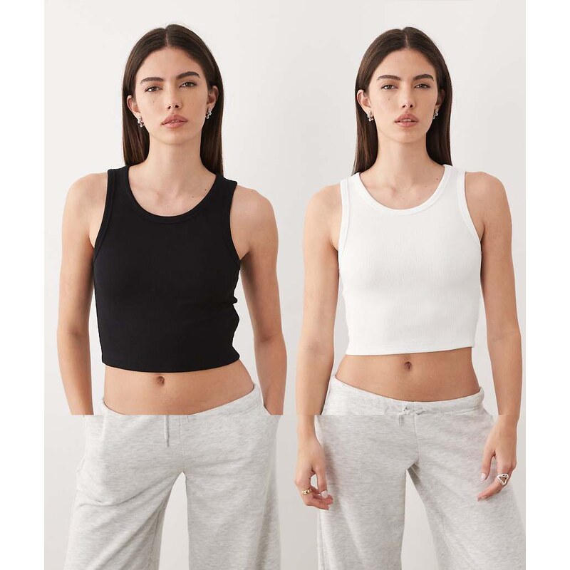 JJXX Fallon 2 pack ribbed cropped vest in black & white 112893319
