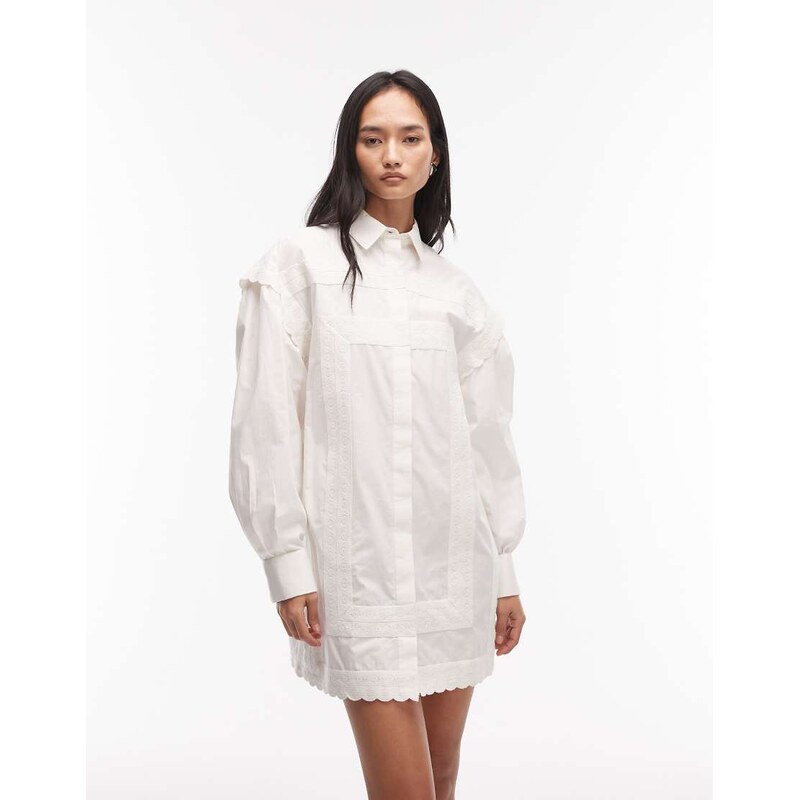 ASOS DESIGN poplin shirt mini dress lace trims in white