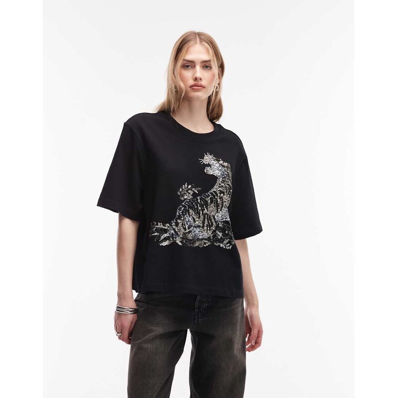 AllSaints Lisa tiger sequin graphic t-shirt in black