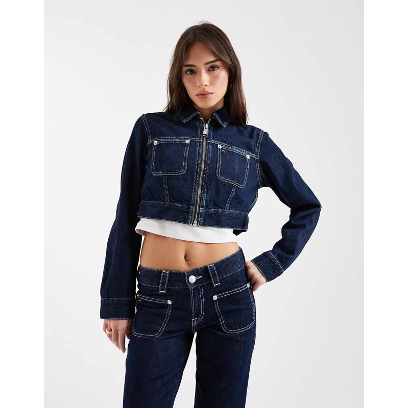 Tommy Jeans cropped denim jacket co-ord in dark wash blue 114082446