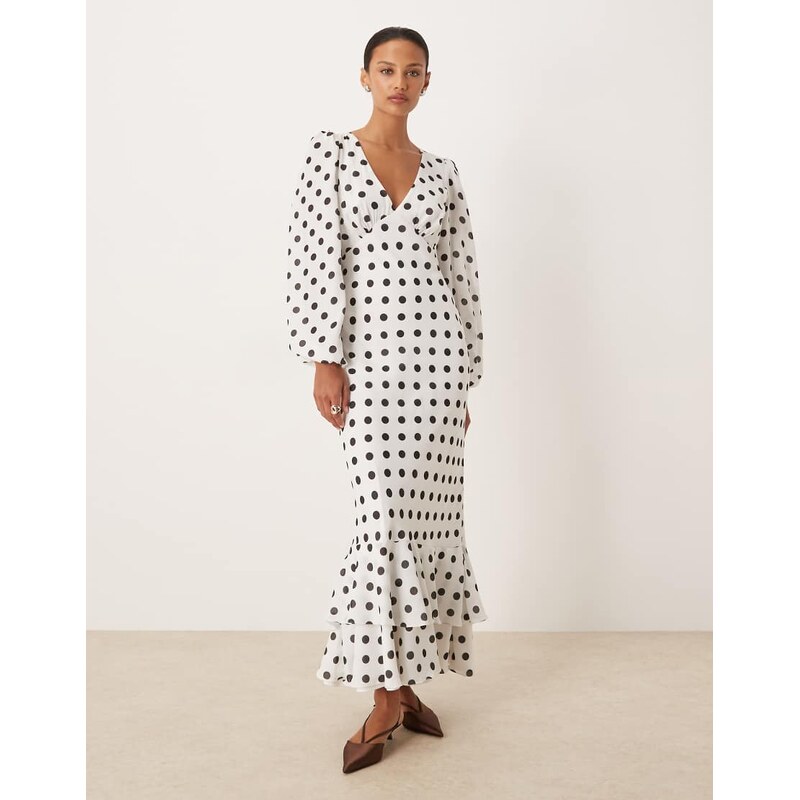Lace & Beads long sleeve ruffle hem maxi dress in white polka