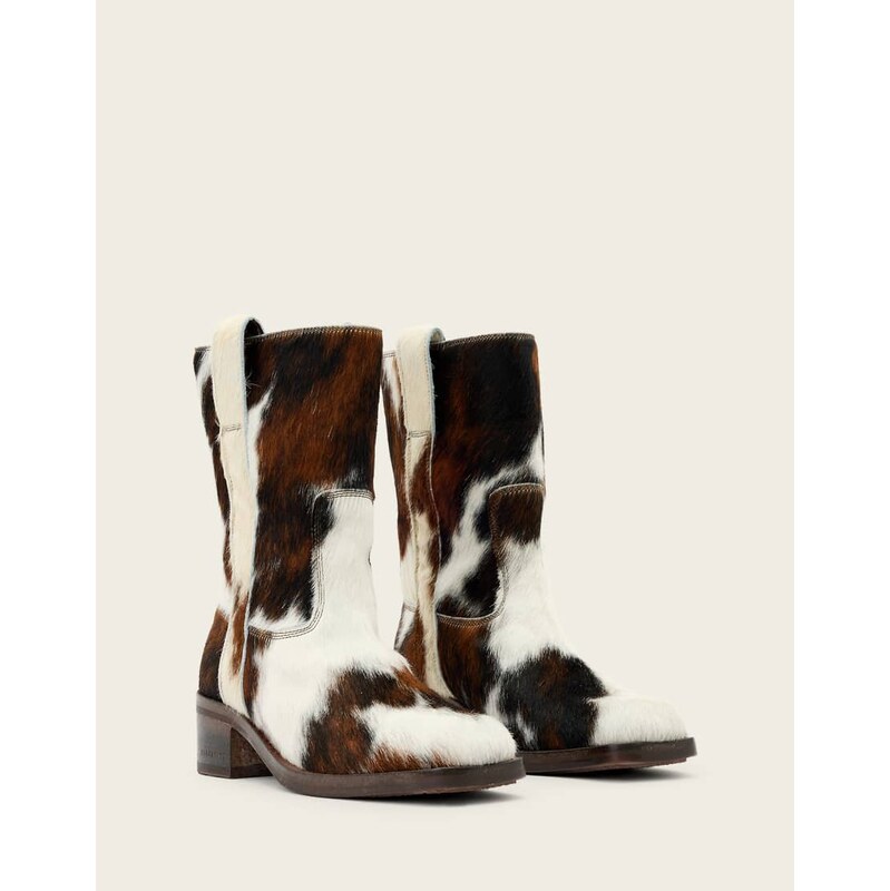 AllSaints terri cow print mid length boot in cream-Multi 113306286