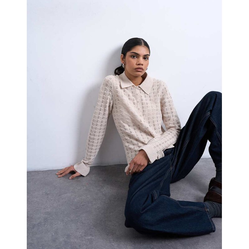 Topshop knitted button through frill top in oat-Neutral