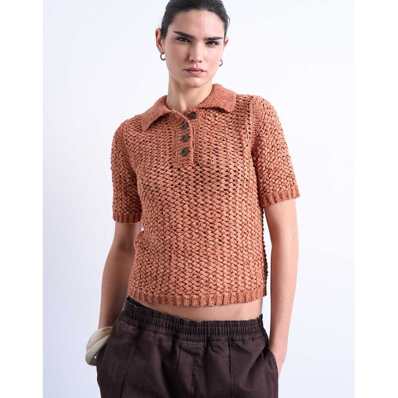 Topshop knitted tape yarn polo in rust-Orange