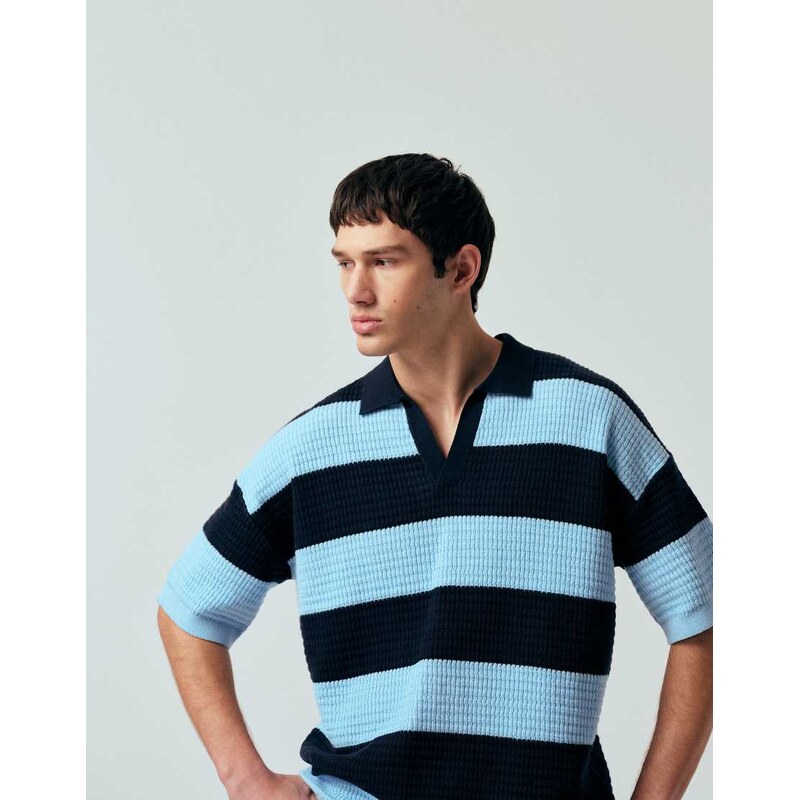 ASOS DESIGN relaxed knitted notch neck polo in navy and blue