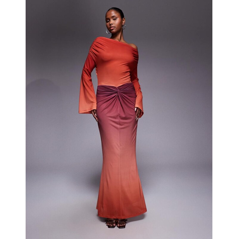 Ruched & Ready sculpting mesh off shoulder wide sleeve twist