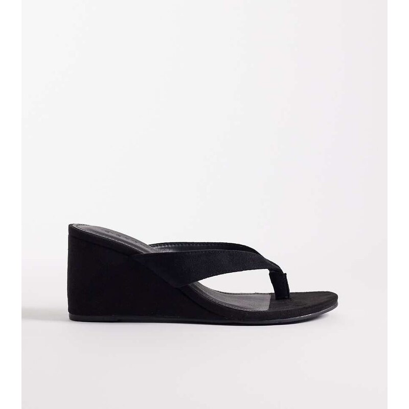 SEQWL Wide Fit Ines thong wedge sandal in black micro 115548104