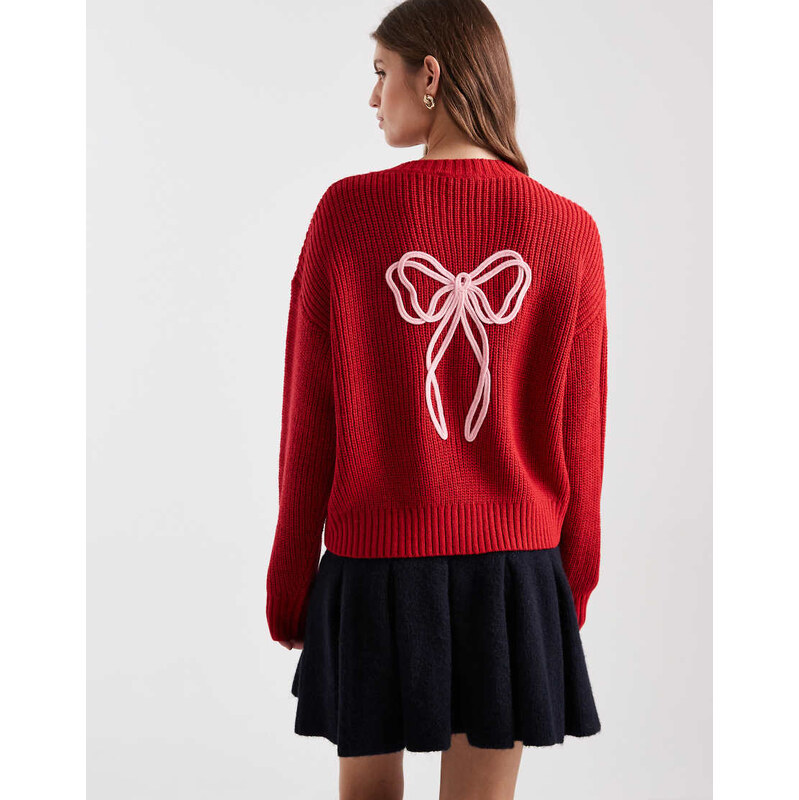 Miss Selfridge embroidered bow detail cardigan in red 113089260
