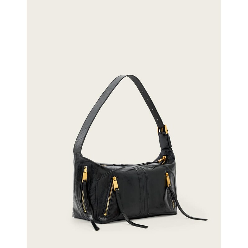 AllSaints jean rey zip detail shoulder bag in black 114375348