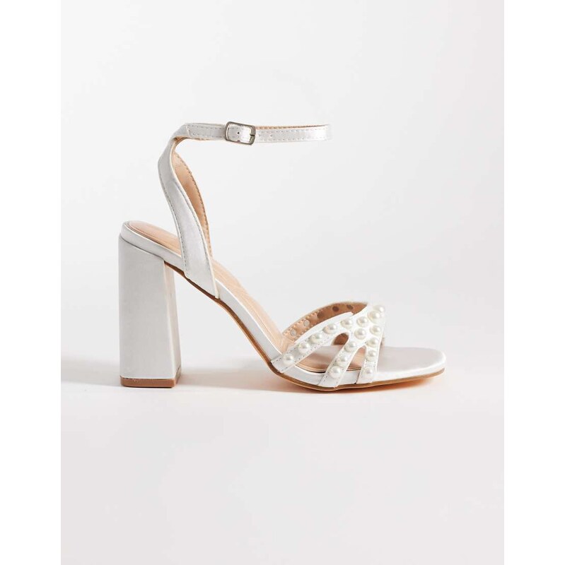 SEQWL Clark pearl embellished block heeled sandal in white satin 113574930