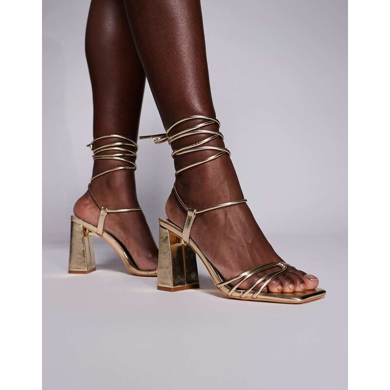 Public Desire Bergamot tie leg block heeled sandals in gold
