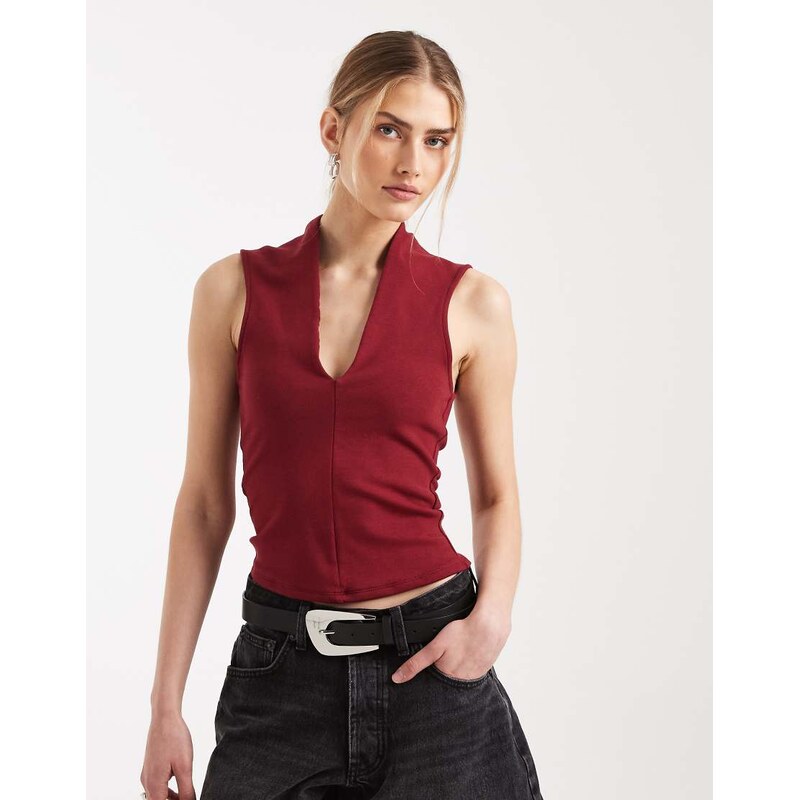 ASOS DESIGN compact cotton plunge top in burgundy-Red