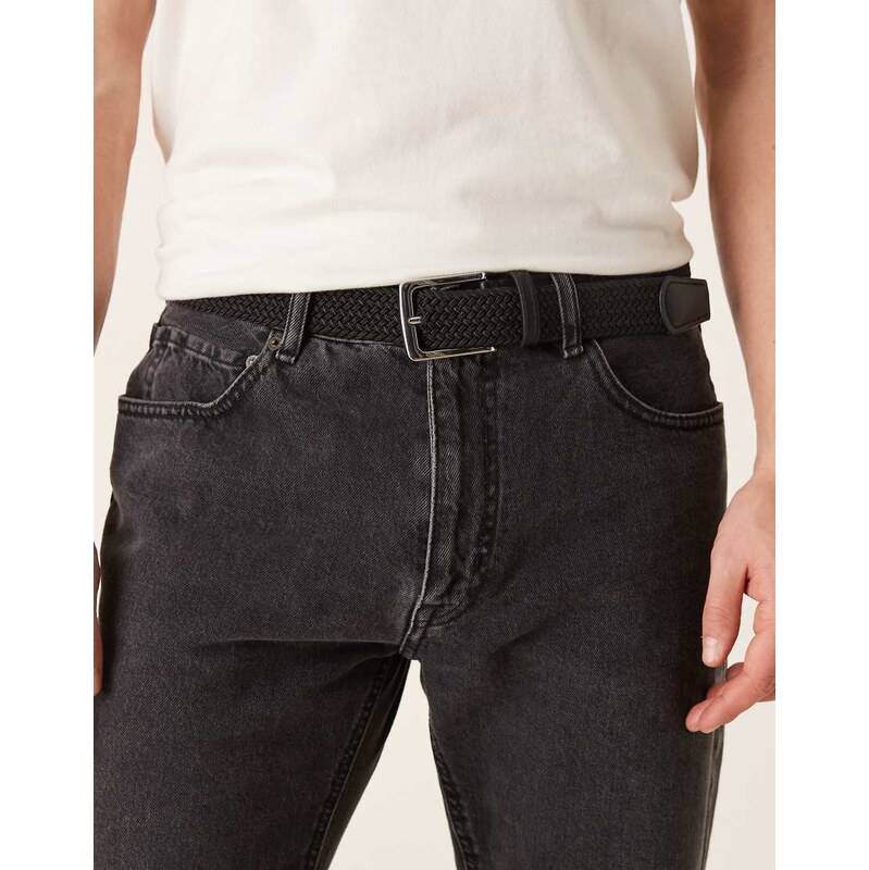ASOS DESIGN woven belt with faux leather end piece in black