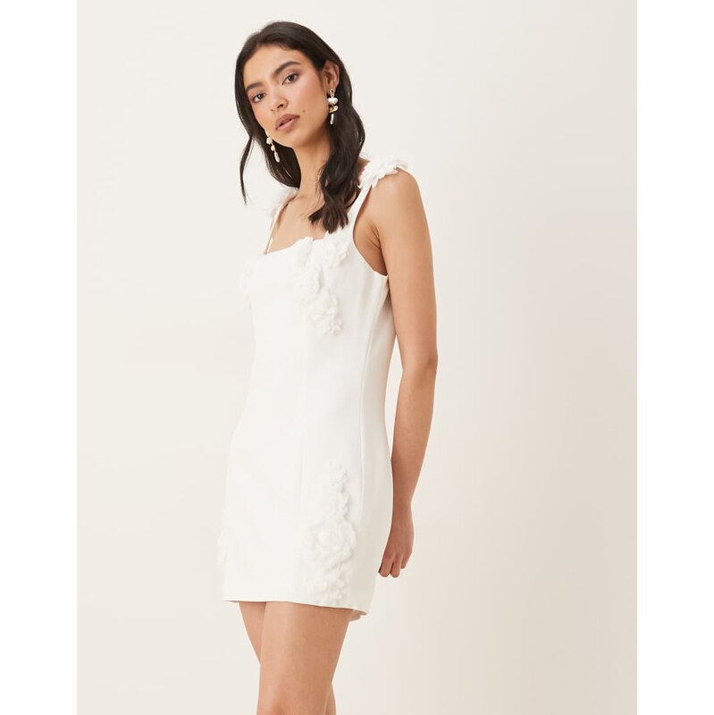 JW PEI square neck corsage applique tailored mini dress in white