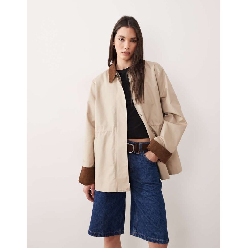 YAS cord trim twill barn jacket in oxford beige-Neutral