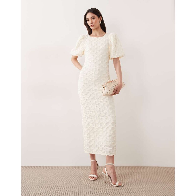 YAS volume sleeve textured maxi dress in gardenia white
