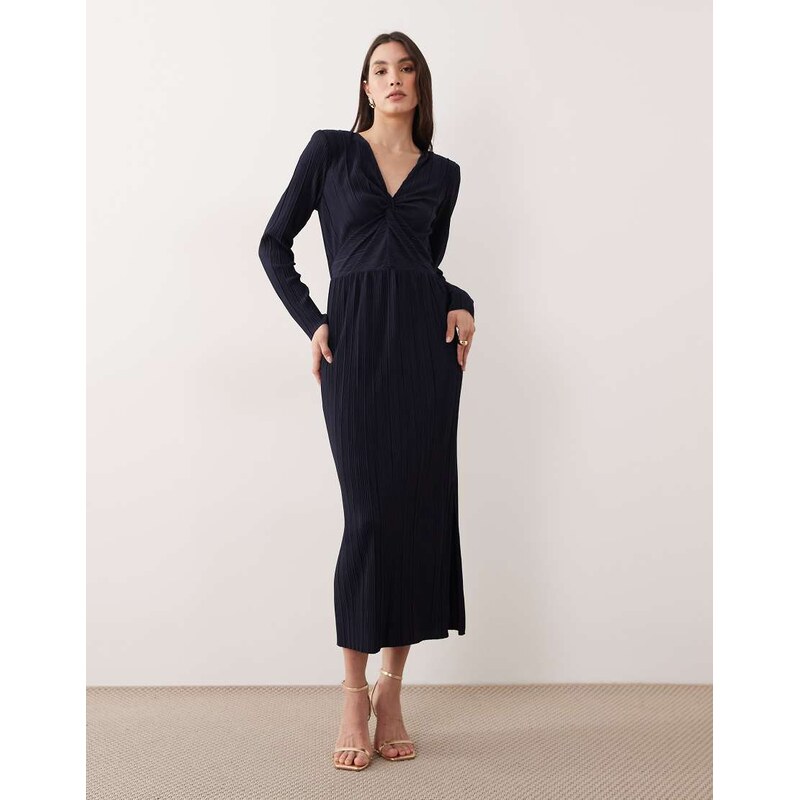 YAS long sleeve twist front plisse maxi dress in navy blue