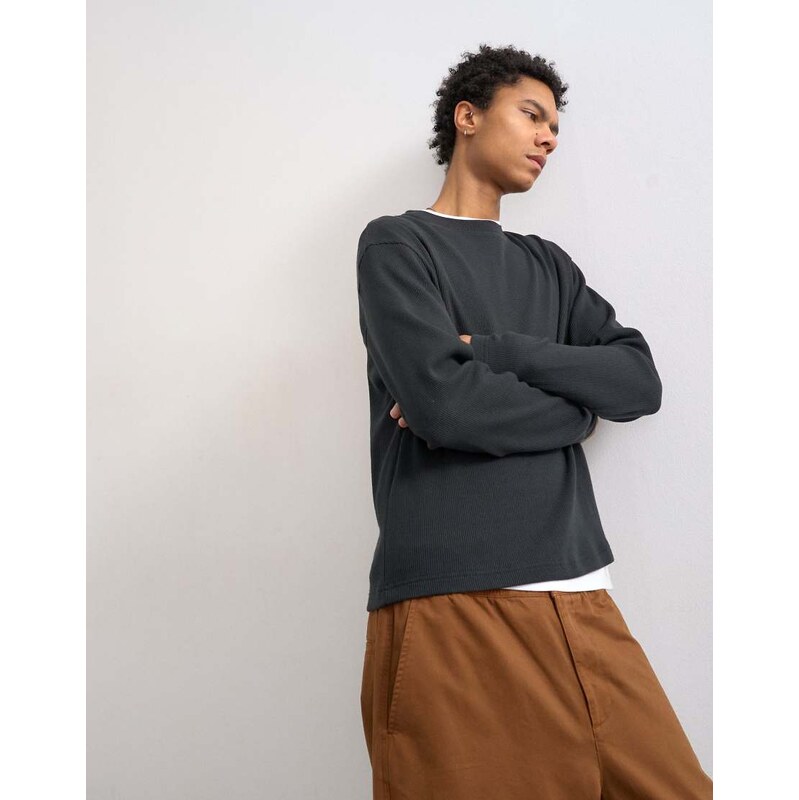 Topman cropped fit long sleeve heavyweight waffle t-shirt in