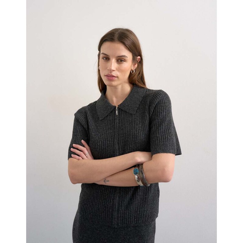 Topshop knitted zip through polo top co-ord in charcoal-Grey