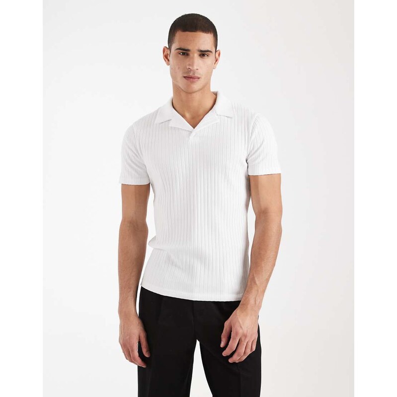 ASOS DESIGN slim revere polo in white wide rib