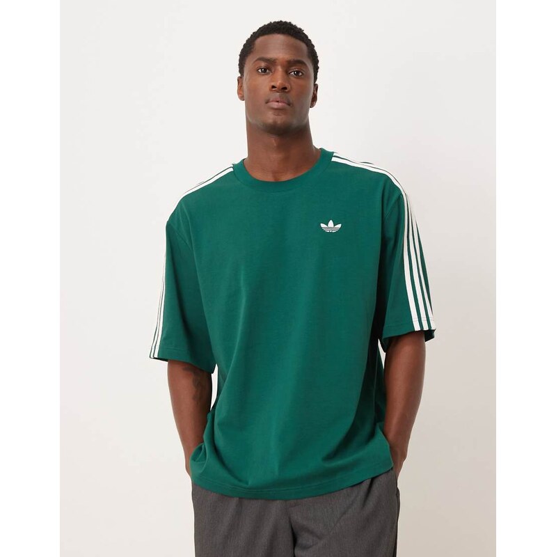adidas Originals three stripe oversized t-shirt in green