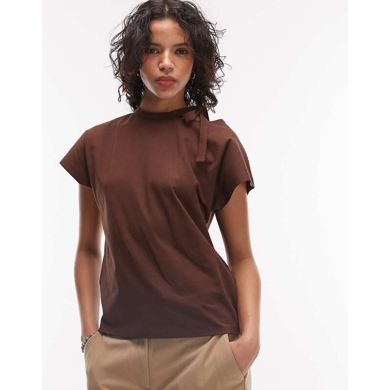 ASOS DESIGN cap sleeve with cut out scarf detail top in brown