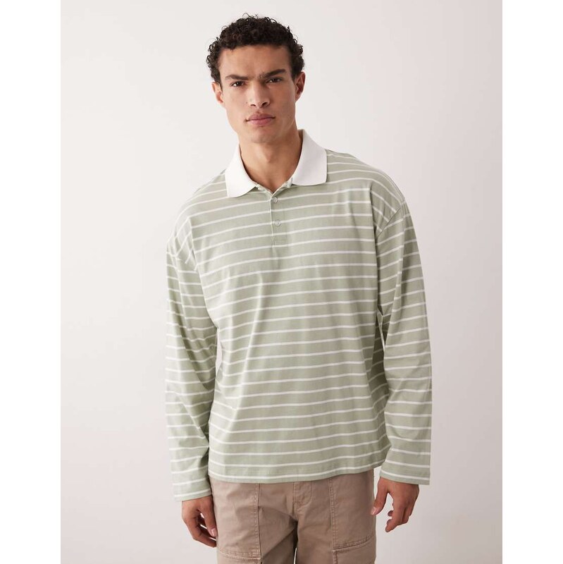 ASOS DESIGN oversized long sleeve polo in green and white stripe