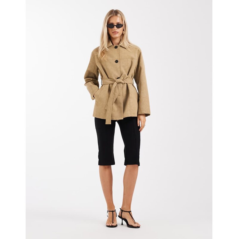 4th & Reckless faux leather tie waist button through jacket in camel 112997320