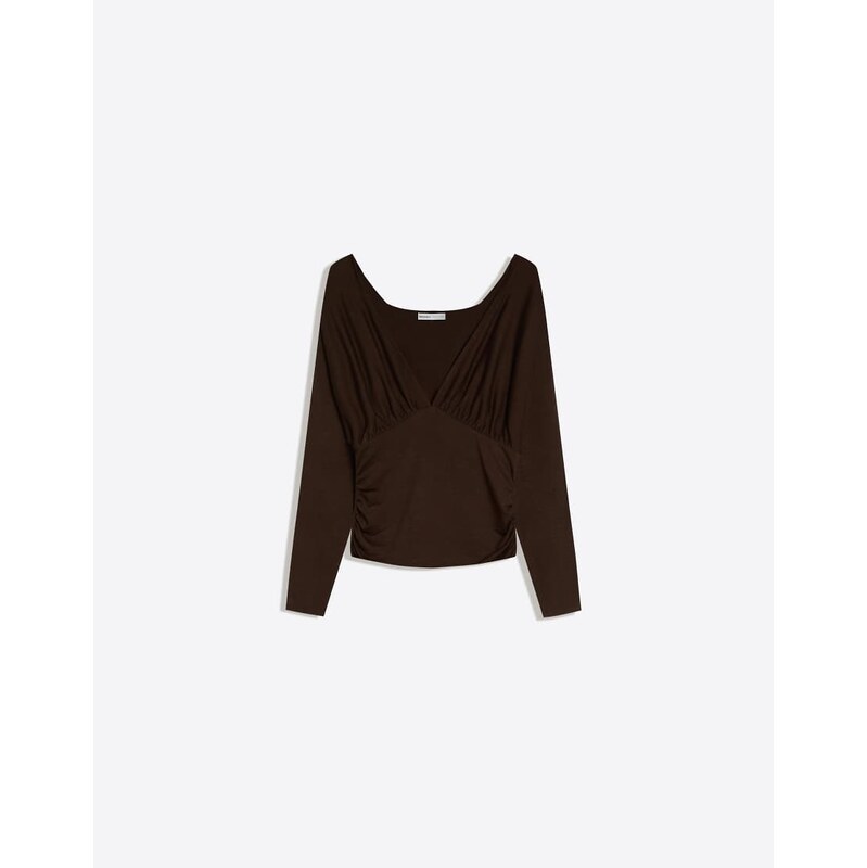 Bershka Long sleeve ruched t-shirt in brown