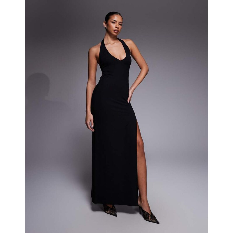 ASOS DESIGN plunge halter neck maxi dress in black