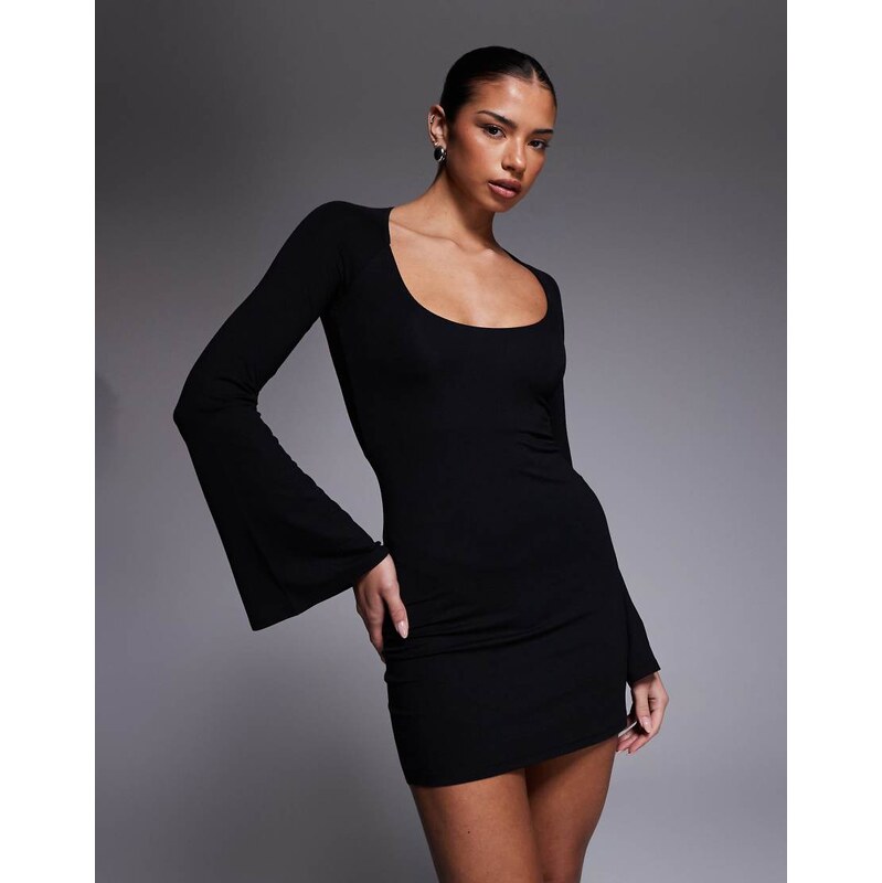 ASOS DESIGN super scoop mini dress with flute sleeves in black