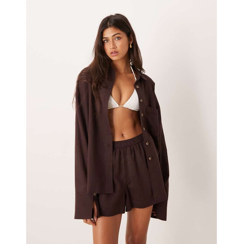 ASOS DESIGN Ipanema sheer beach shirt with linen in chocolate