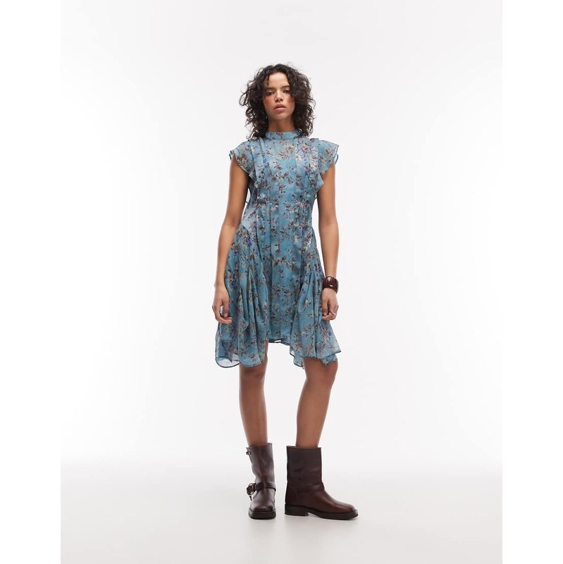 AllSaints fleur floral ruffle mini dress in lake blue 112979174
