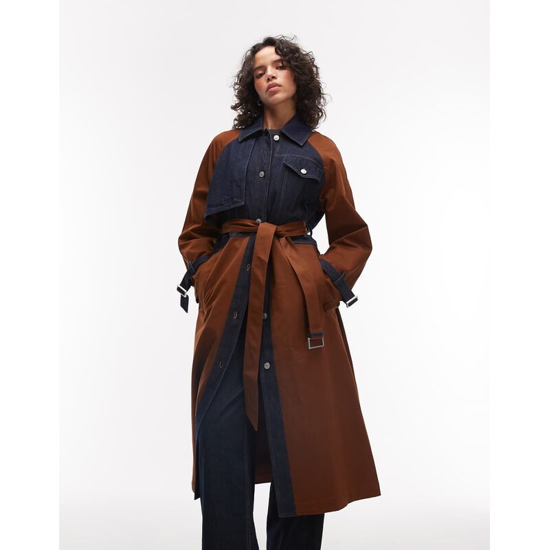 AllSaints dayly colourblock belted trench coat in dark wash denim and 112979175