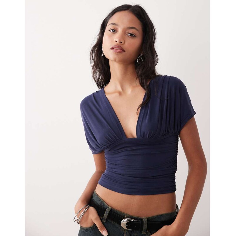 Motel Vernia plunge batwing cupro top in navy